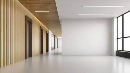 Poster - Modern office corridor with wooden paneling and lighting