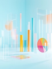 Leinwandbilder - Floating transparent bar and pie charts over light blue background create a minimalistic business data visualization concept
