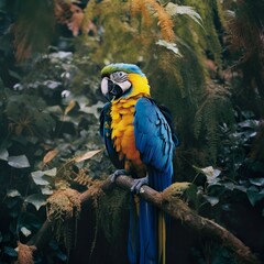 blue and gold macaw in lush green environment