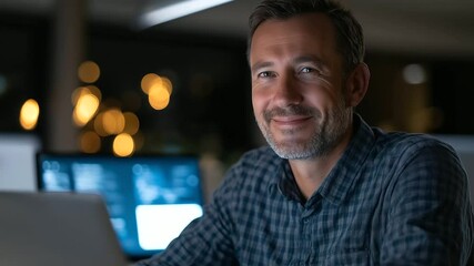 Wall Mural - confident cybersecurity expert working in a private office at night.