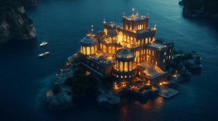 Wall Mural - mysterious illuminated castle reflects in waters near a rocky shore at dusk in a serene landscape