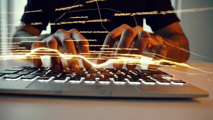 Fast typing hands of a programmer rapidly writing code on a laptop keyboard, generating golden light trails and code snippets, symbolizing the creation of software or a web application