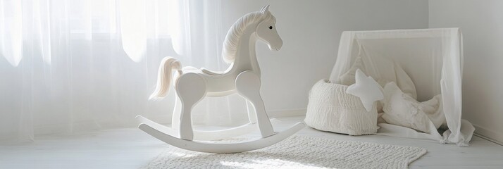 Poster - Elegant white rocking horse in stylish child bedroom with soft shadows and neutral decor