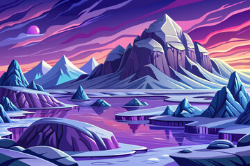 Polar Region Rugged arctic coastline with ice floes under cold blue hues at twilight, Simple cartoon design Flat style vector illustration, beautiful purple sky