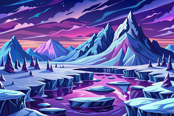 Polar Region Rugged arctic coastline with ice floes under cold blue hues at twilight, Simple cartoon design Flat style vector illustration, beautiful purple sky