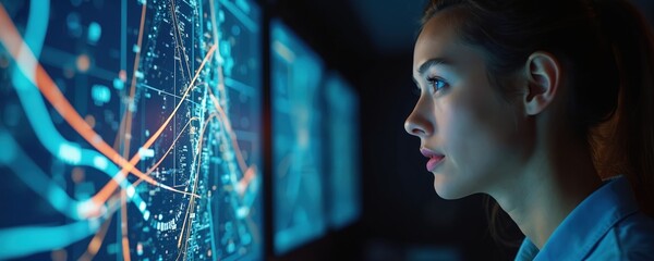 Young woman monitors flight control screen. Aviation specialist analyzes flight path, data on computer displays. Air traffic control tech monitors aircraft. Airline, aerospace, aviation, travel,