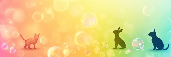 Aufkleber - Colorful gradient background featuring silhouettes of a dog, cat, and rabbit with floating bubbles in a playful atmosphere