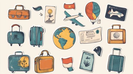 Aufkleber - Colorful travel stickers featuring globes, flags, suitcases and boarding passes on a light vintage background for wanderlust inspiration