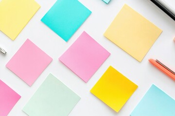 Poster - Colorful sticky notes and paper tabs organized on a white desk for planning and reminders with stationery items nearby