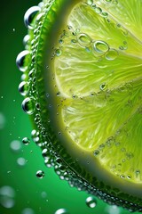 Fototapete - A slice of lime floating in a bubbly green liquid, possibly soda or cocktail.