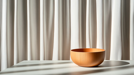 Wall Mural - Wooden Bowl on White Surface with Curtain Backdrop