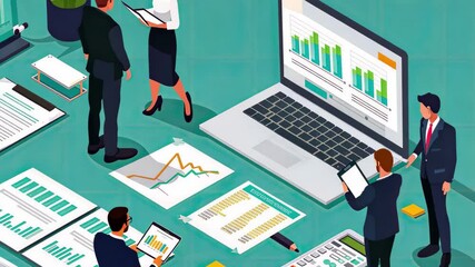 Fototapete - Business professionals collaborating on data analysis with charts and reports in a modern office setting, showcasing teamwork and technology