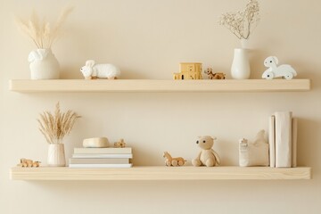 Aufkleber - Wooden shelves display childrens toys and books in a minimal beige interior, creating a cozy and inviting atmosphere for play and learning