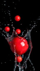 Fototapete - Red balls splashing in water, creating droplets and ripples.