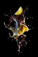 Fototapete - A splash of chocolate milk with lemon and coffee beans, creating an artistic pattern on black background.
