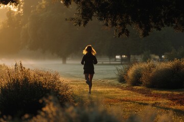 Fototapete - A woman jogs through a tranquil green park during sunrise, surrounded by trees and the soft glow of morning light, capturing the essence of a fresh start Generative AI