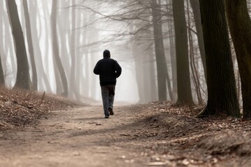Fototapete - A man jogs along a secluded forest trail enveloped in thick fog, embracing the peaceful atmosphere of early morning rejuvenation Generative AI