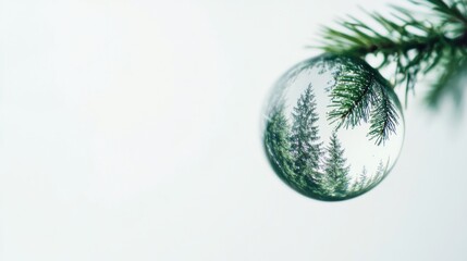 Poster - Reflection of a serene pine forest captured in a water droplet against a clean white background showcasing natures purity and simplicity