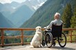 © Maryna - Disabled senior man on wheelchair enjoys view of mountain landscape with dog. He rests on terrace looking at scenery. Dog sits near person. Enjoying life, travel and freedom with a dog.