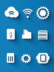 Poster - Tech pictogram stickers featuring cloud icon, wifi signal, gear, and battery symbol on a blue background for digital design projects