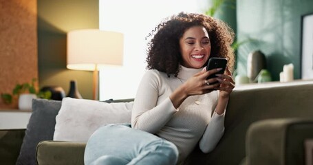 Poster - Woman, home and smile on sofa with smartphone on social media or online dating for networking or fun. Female person, living room and internet or mobile app for entertainment, communication and post