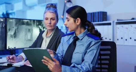 Aufkleber - Women, security and tablet with talk by monitor for writing, planning and strategy for surveillance. People, computer screen and alert for danger on application, advice and notes for safety services