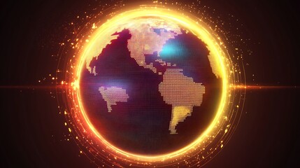 Fototapete - Vibrant digital globe illustrating global connectivity with dynamic lights and pixelated continents displayed on a dark background : Generative AI