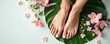 © Maryna - Top view photo of perfect female feet and legs. Beautiful white manicure and polish, tropical flowers, green palm leaf, spa treatment. Relaxation, care, hygiene, beauty concept.