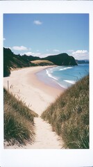 Poster - Picturesque beach pathway leading to a serene coastal landscape with gentle waves and sand dunes : Generative AI