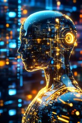 Leinwandbilder - Futuristic humanoid robot head illuminated with vibrant lights representing advanced technology concepts : Generative AI