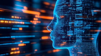 Fototapete - Captivating side view of a glowing digital head made from vibrant data patterns representing intelligence : Generative AI