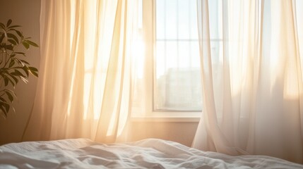 Aufkleber - Soft sunlight filtering through sheer curtains in a cozy, minimal room creating a peaceful atmosphere