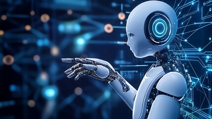 Fototapete - Advanced humanoid robot with reflective surface and digital interface representing technology and innovation : Generative AI