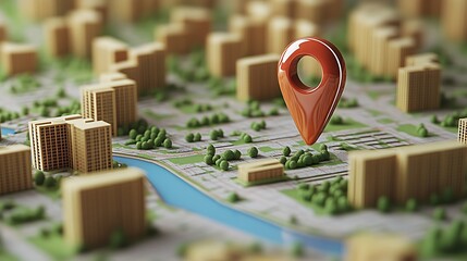 Poster - 3D red location pin standing out amidst a scenic city model featuring green areas and buildings : Generative AI