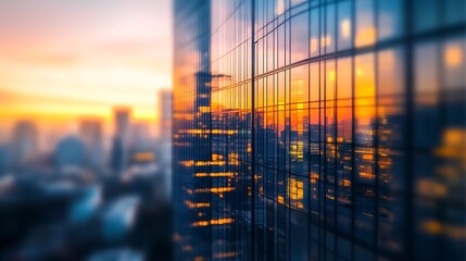 Poster - Sunset reflection on urban skyscraper glass windows showcasing vibrant city life : Generative AI