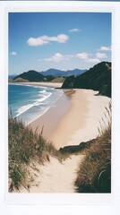 Poster - Stunning beach view with sandy shore and lush greenery under a clear blue sky : Generative AI