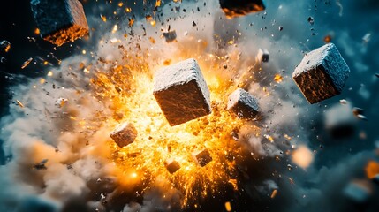 Aufkleber - Powerful Burst of Rocks and Flames Representing Energy and Motion in Abstract Creative Composition : Generative AI