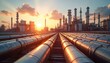© Maryna - Industrial landscape with gas pipelines. Modern factory, plant, refinery at sunset. Oil and gas industry with energy production, fossil fuel, natural resource extraction. Eco friendly power plant.