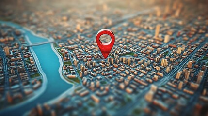 Aufkleber - Detailed urban city view showcasing a unique location marker above bustling city streets and structures : Generative AI
