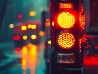 Poster - Vibrant Emergency Vehicle Lights Reflected in Wet Street During Rainy Night : Generative AI