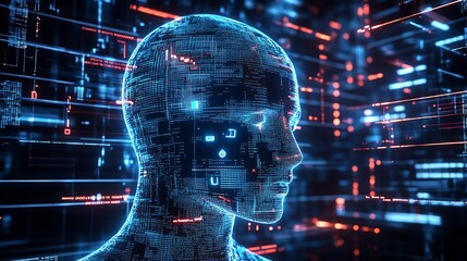 Leinwandbilder - Futuristic humanoid head created with glowing data representation emphasizing artificial intelligence and circuits : Generative AI