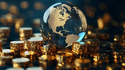 Poster - Captivating world globe on piles of gold coins representing financial gain and investment : Generative AI