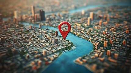 Aufkleber - Elegant scenic view of a city with a focal location pin and sparkling waterways for easy navigation : Generative AI