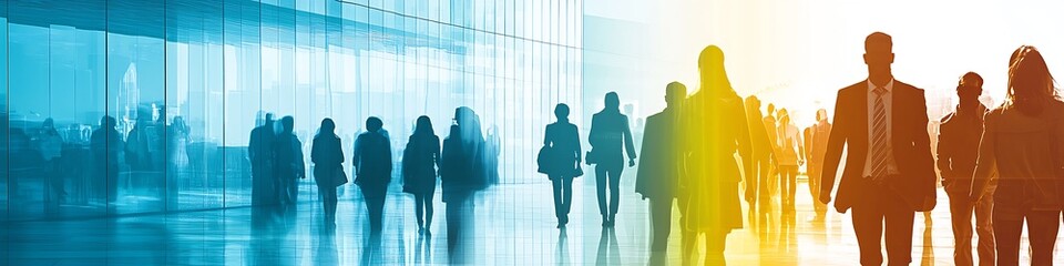 Aufkleber - Dynamic Scene of Business Professionals in Motion Walking through Contemporary Office Space : Generative AI