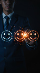 Wall Mural - customer satisfaction: man selecting positive feedback, glowing smileys, business success, survey re