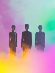 Aufkleber - Stylized glossy mannequins showcase fashion-forward outfits in a surreal colorful fog environment