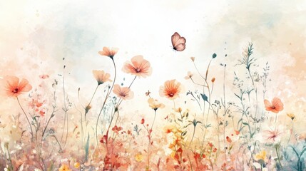 Poster - Colorful watercolor floral field adorned with delicate butterflies in soft tones and an airy atmosphere during a bright day