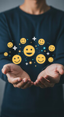 Wall Mural - customer satisfaction: happy clients concept. man holding smiles, feedback, reviews, and positive em