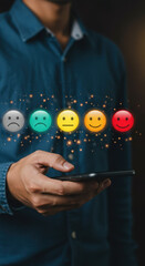 Wall Mural - customer feedback on mobile: rating experience with smiley faces. improve satisfaction, gain insight