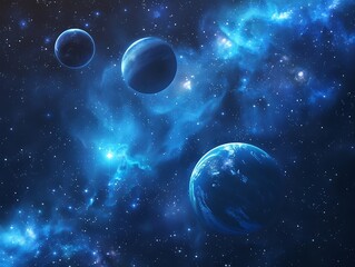 a background of dark blue space with several planets floating in the distance, with high resolution